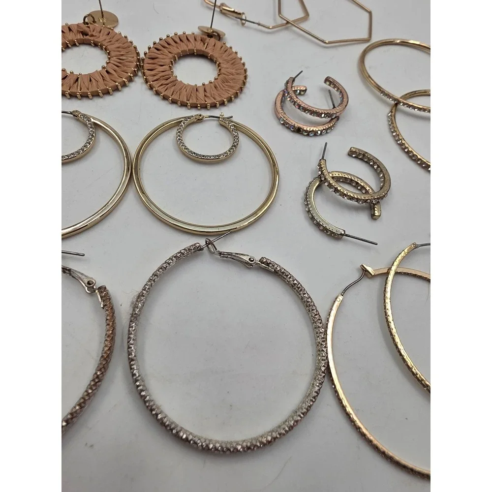 Hoop Earring Lot 12 Pairs Gold Silver Rose Gold Rhinestone Geometric Woven Set